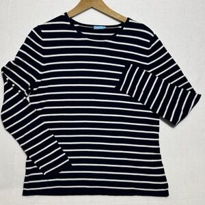 J. McLaughlin Womens L Sweater Navy Stripe Crew‎ Knit Pullover Cotton Quiet Lux